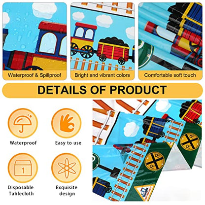 PHOGARY 2 Pack Train Tablecloths, Disposable Plastic Table Covers | Train Themed Tablecloth for Birthday Railroad Party Decorations