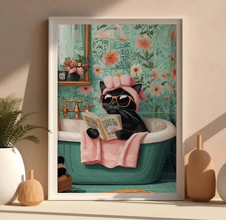 Canrichshop Black Cat 5D Diamond Art Painting Kits for Adults,Funny Animal Diamond Painting Kits for Beginners,Bathing cat Full Drill Diamond Dots,Gem Art Crafts for Adults Wall Decor 12x16inch