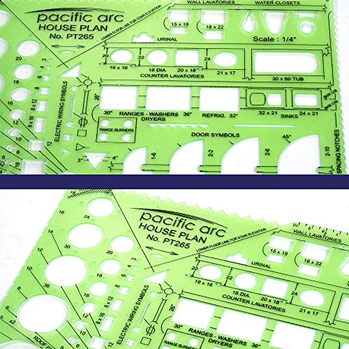 Pacific Arc House Plans Templates Guide, with Stairs, Doors, Plumbing, Kitchen Appliances, and Roof Pitch Gauge, Scale of 1/4 Inch to 1 Foot - style: House Plan