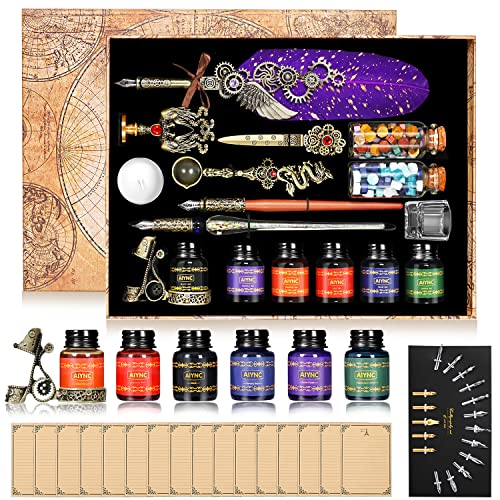 Quill Pen Ink Set, With Quill Pen, Wooden Dip Pen, Glass Dip Pen, 6 Bottles Ink,16 Letter Paper, 2 Envelopes,17 Nibs, Pen Holder, 2 Bottles Fire Lacquer Wax, Stamp, Spoon, White Wax, Cup(Purple) - color: Purple