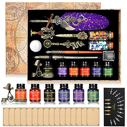 Quill Pen Ink Set, With Quill Pen, Wooden Dip Pen, Glass Dip Pen, 6 Bottles Ink,16 Letter Paper, 2 Envelopes,17 Nibs, Pen Holder, 2 Bottles Fire Lacquer Wax, Stamp, Spoon, White Wax, Cup(Purple) - color: Purple