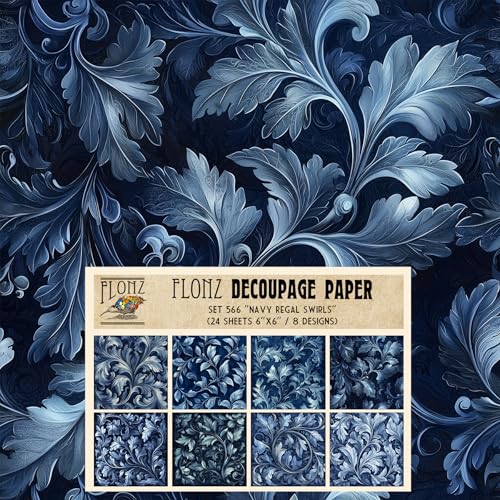 Decoupage Paper Pack (24 Sheets 6"x6") Navy Regal Swirls: Ornate Dark Blue Floral Motifs for Luxurious and Classic Art Creations # Vintage Styled Paper for Craft and Scrapbooking - color: FiftyNine