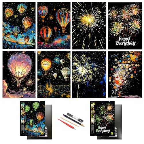 DESINIK Scratch Painting Art Paper Scratch Art for Adults Creative DIY Art Craft Gift Scratch Rainbow Painting Luminous Paper Set with 4 Tools 11.7''x8.3''(Fireworks&Hot Air Balloon) - color: Fireworks&Hot Air Balloon