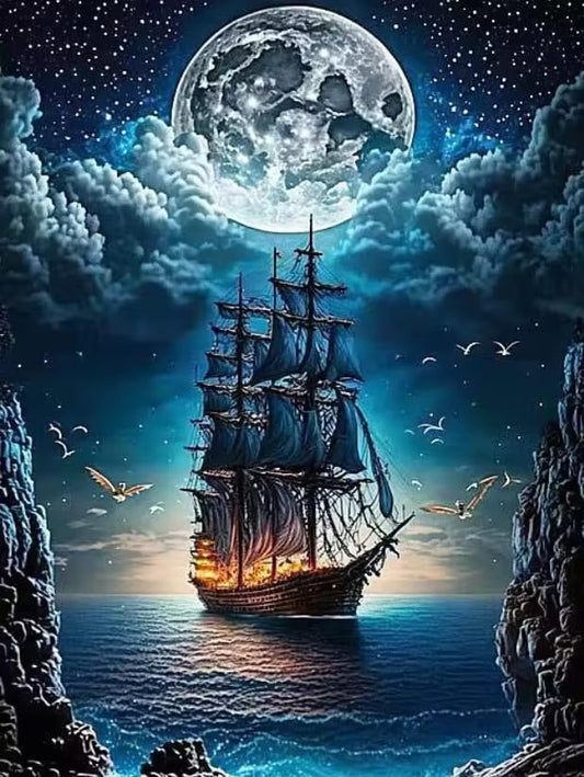 SHONGSHU 5D Diamond Painting Art Kit for Adults, Moonlit Sailing Ship at Sea, Fantastic Landscapes DIY Full Drill Dots Gem Art Paint for Home Wall Decor 12 x 16 Inch - color: SK3