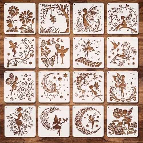 16 Pcs Fairy Stencils for Painting, Flower Wings for Journals 6 Inch | Reusable PET Fantasy Templates with Butterflies and Florals for Scrapbooks, Cards, and Classroom Crafts - color: Fairy