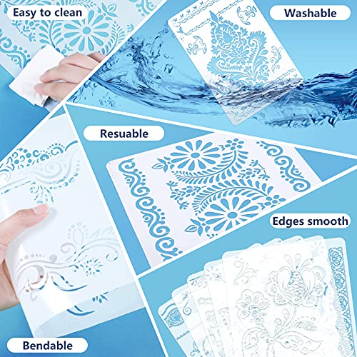 16 Pieces Flower Border Stencils, Mandala Stencils Templates Reusable Laser Cut Floral Painting Templates for DIY Wall Tile Furniture Canvas Craft Stencil Outdoor Indoor Decoration, 11.4 x 8.3 Inch
