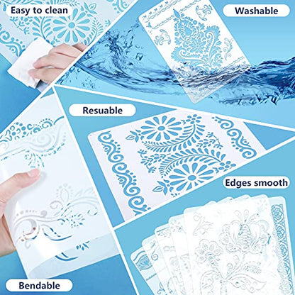 16 Pieces Flower Border Stencils, Mandala Stencils Templates Reusable Laser Cut Floral Painting Templates for DIY Wall Tile Furniture Canvas Craft Stencil Outdoor Indoor Decoration, 11.4 x 8.3 Inch