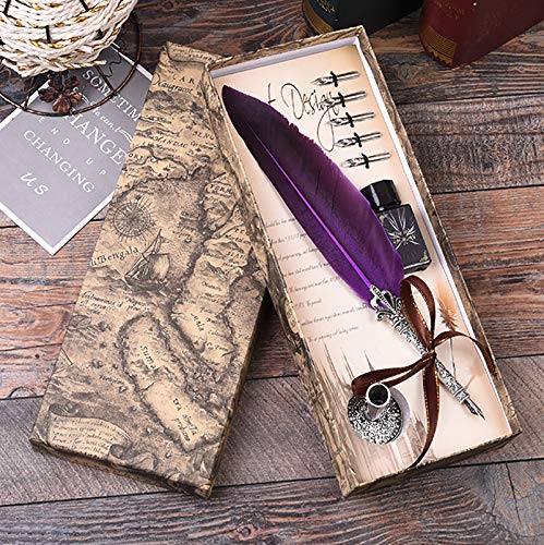 Calligraphy Pen Set Writting Quill Feather Pen 100% Hand Craft Real Feather and Stainless Steel Nib Best Antique Executive，Contains Ink no Need to Purchase Additional Ink (Purple) - color: purple