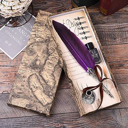 Calligraphy Pen Set Writting Quill Feather Pen 100% Hand Craft Real Feather and Stainless Steel Nib Best Antique Executive，Contains Ink no Need to Purchase Additional Ink (Purple) - color: purple