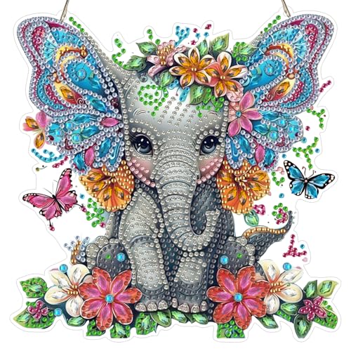 MOGTAA Elephant Diamond Art Hanging Kits for Adults, DIY Double Sided Flowers Diamond Art Suncatchers, 5D Special Shape Diamond Painting Butterfly Pendant Window Ornament Gifts for Home Decor - color: Elephant