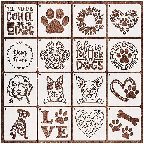 16 Pieces Dog Stencils Dog Paw Stencil for Painting on Wood Reusable Painting Templates for DIY Crafts Scrapbook Sign Shirt Canvas (16 Dog) - style: 16 Dog