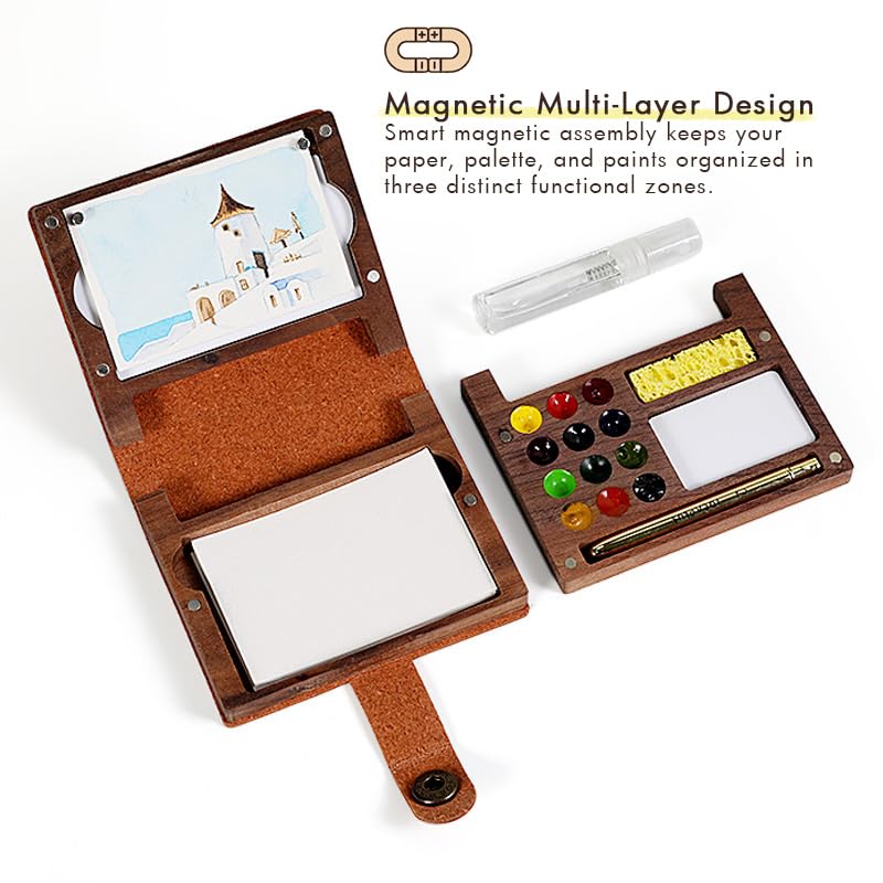 IDEAPLUS Walnut Folio Watercolor Kit, Leather Cover 12-Well Wood Travel Paint Set, Includes Collapsible Brass Brush, Spray Bottle, Sponge, Portable Art Sketching Box for Artists