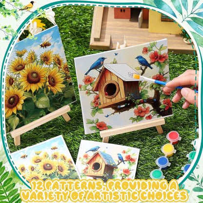 Tenceur 12 Sets Pre Drawn Canvas to Paint Adult Stretched Coloring Painting Canvas Panels with Design Easel and Brushes for Party Supplies Beginner Favor(Garden) - style: Garden