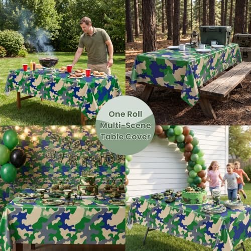 100FT x 54IN Camouflage Plastic Tablecloth Roll with Slide Cutter Box | Heavy Duty Disposable Green Camo Table Cover Wall Backdrop for Picnic, Birthday, Camouflage Party Supplies - color: Green Camo, size: 1200" x 54" (Rectangular)