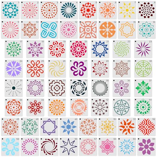BOXOB 60pcs Mandala Stencils, 2x2 Inch Reusable Mandala Stencils | for Painting, Drawing, Crafts, Art Projects - style: A