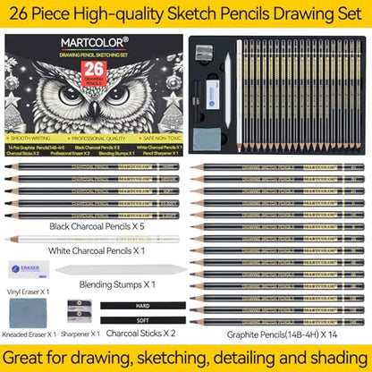 MARTCOLOR 26 Pcs Drawing Sketching Pencil Set, Graphite Pencils (14B-4H)