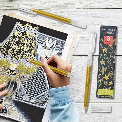 MARTCOLOR 3 Pack Gold Gel Pens,1.0mm Extra Fine Point Gel ink Pens | Opaque Archival Ink Pen for Black Paper Drawing, Art Highlight, Illustration, Bullet Journaling, Card Making & DIY Projects - color: Gold
