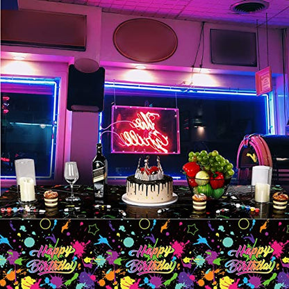 3 Pcs Glow in the Dark Tablecloth Disposable Plastic Neon Table Cloths Happy Birthday Glow Party Table Covers for Neon Black Light Birthday Party Paint Splatter Decorations Supplies, 54 x 108 Inch
