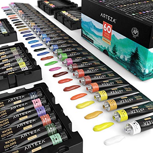 Arteza Watercolor Paint Set and Stretched White Blank Canvas Multi Pack Bundle, Painting Art Supplies for Artist, Hobby Painters & Beginners