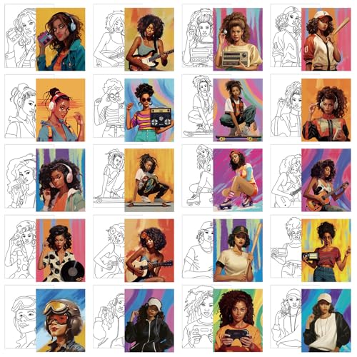 Sherr 20 Pcs Stretched Pre Drawn Canvas African American Canvas to Paint Afro Queen Black Art for Painting for Adults Outline Pre Drawn Stretched Cotton Art to Paint Party Set, 8 x 10 - style: Vintage