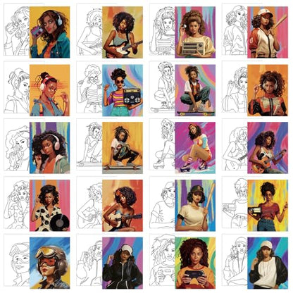Sherr 20 Pcs Stretched Pre Drawn Canvas African American Canvas to Paint Afro Queen Black Art for Painting for Adults Outline Pre Drawn Stretched Cotton Art to Paint Party Set, 8 x 10 - style: Vintage