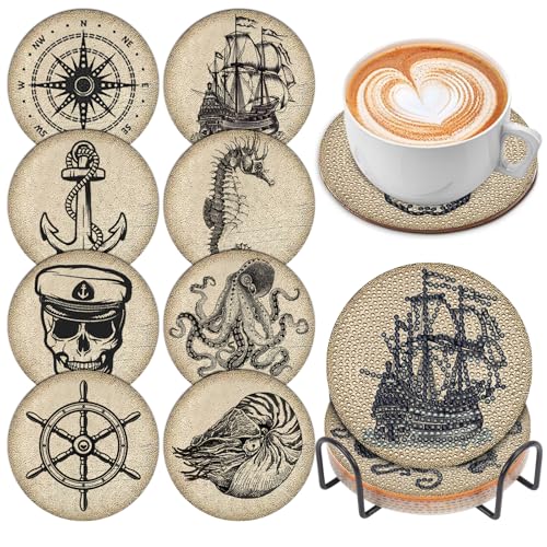 8 Pcs Diamond Art Painting Coasters with Holder, DIY Vintage Ocean Diamond Art Coasters for Adults Beginners 5D Gem Art Dots Paintings with Cork Pads Crafts Supplies - color: Vintage Ocean