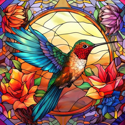 Hummingbird Diamond Painting Kits for Adults - Stained Glass Diamond Art Kits for Adults Beginner, DIY Full Drill Diamond Dots Paintings with Diamonds 5D Gem Art and Crafts Home Wall Decor 14x14inch - color: Stained Glass Hummingbird