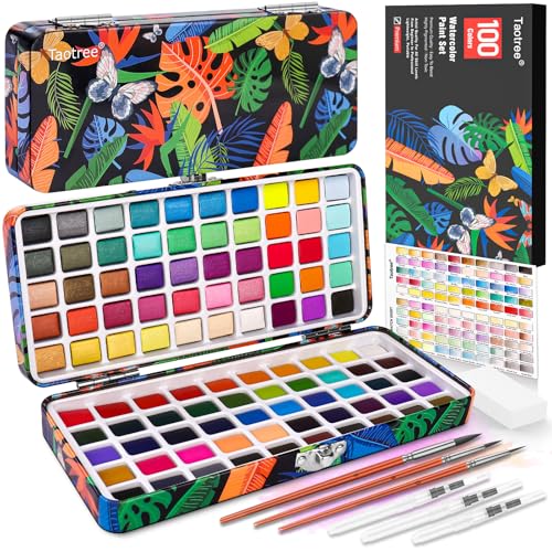 Taotree Watercolor Paint Set 100 Colors, Art Supplies Travel Water Colors | Coloring Set Watercolors Kit with 3 Paints Brushes, Crafts Painting Supplies, Drawing for Adults Artist Drawing, Painting - color: 100 Colors