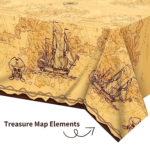 durony 2 Pack Pirate Party Tablecloth Plastic Treasure Map Tablecover Disposable Pirate Table Covers Nautical Party Supplies for Treasure Theme Birthday Decorations - style: Pirate