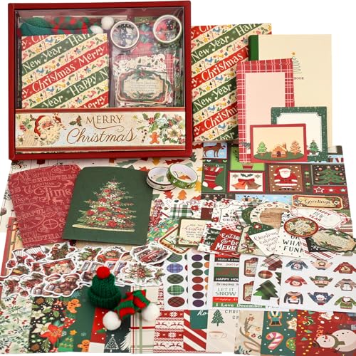Christmas Scrapbooking Supplies Kit, Aesthetic New Year Festival Scrapbook Kits for Bullet Junk Journal, Stationery, Notebook, DIY Cute Journaling Supplies, Craft Christma Gift for Teen Girl Women - color: Merry Christmas and New Year