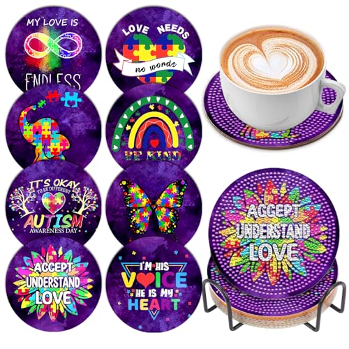 8 Pcs Diamond Art Painting Coasters with Holder, DIY Autism Awareness Diamond Art Coasters for Drinks Diamond Art Painting Kits for Beginners, Diamond Kits Craft Supplies for Adults - color: Purple Style