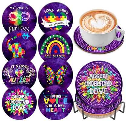 8 Pcs Diamond Art Painting Coasters with Holder, DIY Autism Awareness Diamond Art Coasters for Drinks Diamond Art Painting Kits for Beginners, Diamond Kits Craft Supplies for Adults - color: Purple Style