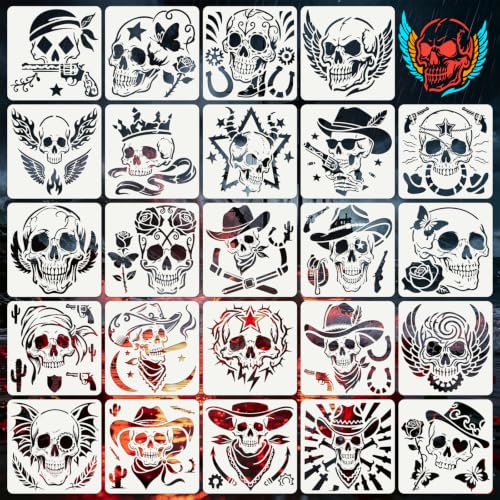 Skull Pirate Stencils for Crafts Reusable 24Pcs Stencils(7.8X7.8 Inch) - color: Skull 3