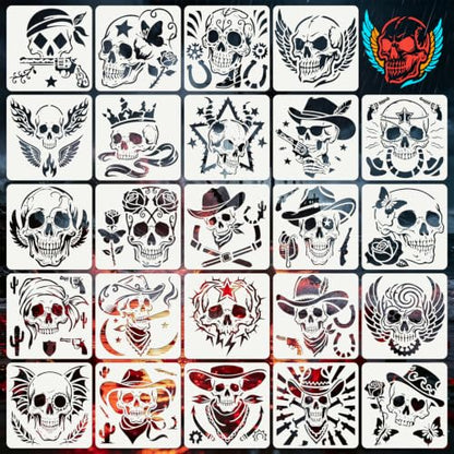 Skull Pirate Stencils for Crafts Reusable 24Pcs Stencils(7.8X7.8 Inch) - color: Skull 3