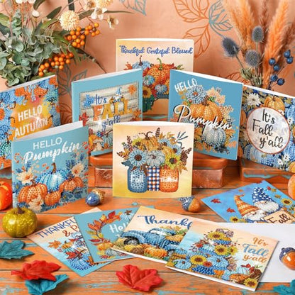 Saillong 12 Pack Blue Fall Diamond Painting Greeting Cards with Envelopes | Fall Diamond Art Cards Kits for Adults, DIY Thanksgiving Cards, Autumn 5d Rhinestones, DIY Crafts, Family Friend, Fall Gifts - color: Blue Fall