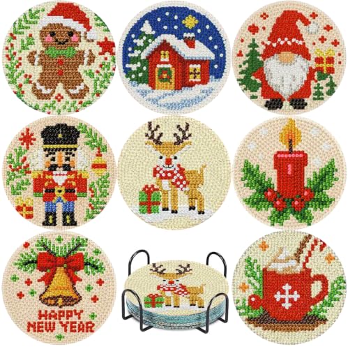 Clendo 8 Pcs Christmas Diamond Art Coasters Kit with Holder, Xmas Small Diamond Art Kits for Adults Beginners, Diamond Painting Coasters Arts and Crafts for Adults Supplies Item Sets - color: JXBD144-US