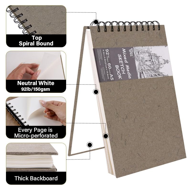 5.8" x 8.3" Mixed Media Sketch Book,Spiral Bound Hardcover Sketchbook,60 Sheets 92lb/150gsm Neutral White Acid Free Paper,Art Journal Sketchbook for Drawing Writing Sketching Illustration,Dark Grey - color: Neutral White-Dark Grey