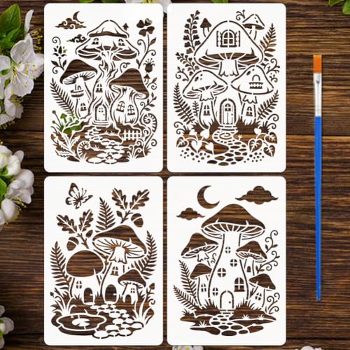 FINGERINSPIRE 4PCS Mushroom House Painting Stencils with Paint Brush 8.3x11.7inch Reusable Moon Cloud Template Plastic Butterfly Vines Stencil Fantasy Theme Template for Painting on Wall Floor - color: Mushroom House