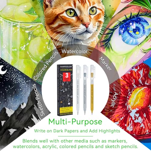 MARTCOLOR Gold Silver White Gel Pens, 3 Pack 0.5mm Fine Point Gel ink Pens | Opaque Archival Ink Pen for Black Paper Drawing, Art Highlight, Illustration, Bullet Journaling, Card Making & DIY Projects - style: Gold Silver White - 0.5mm