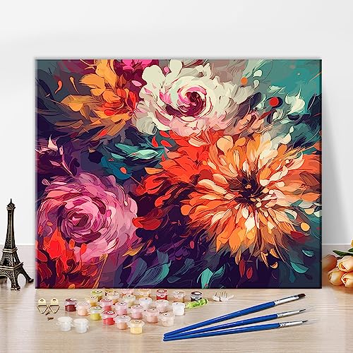 TUMOVO Paint by Number, Flowers Paint by Numbers for Adults Beginner, Chrysanthemum Oil Painting by Numbers on Canvas, Modern Painting Kit with Brushes and Pigment, 16x20 Inch | Flowers Art on 16x20 Inch Unframed Canvas with Acrylic Paints and 3 Brushes R
