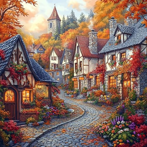 Miwixy Landscape Diamond Art Kits for Adults,Autumn Village Diamond Painting Kits,5D Full Drill Gem Diamond Dots Paintings,Street Round Diamond Art Canvas for Beginners Home Wall Decor 12 x 12 Inch - color: landscape a