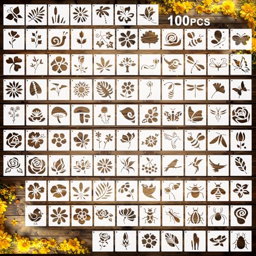 Fainne 100 Pcs 1.5 Inch Small Stencils for Crafts,Flower Bird Plants | Reusable Painting Stencils for Wood Wall Card Making Scrapbooking Journaling, Portable Craft Templates - style: Flower Bird Plants