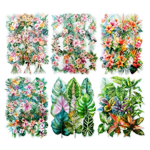 120 Pcs Tropical Flower and Leaf PET Stickers for Scrapbooking | Floral bouquets and lush foliage; pre-cut, transparent and water-resistant for journals, collages and crafts - color: Botanical Library
