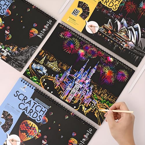 10-Board Scratch Art Book for Adults, Rainbow Cityscape Kit with Tools | Scratch art tools reveal 10 rainbow cityscapes for screen-free tabletop entertainment at home, during travel or with friends. - color: Travel Landmarks A
