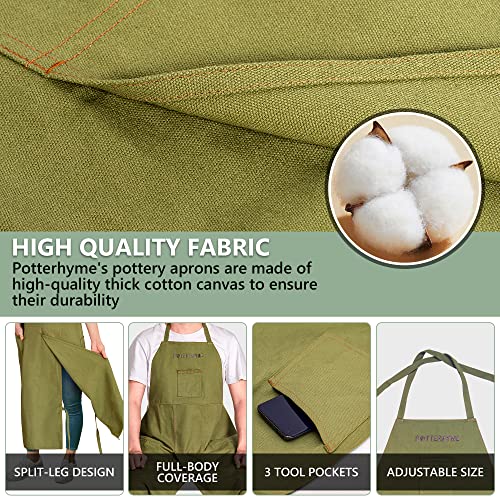 Full Coverage Pottery Apron Split Leg - 100% Cotton Canvas Potter's & Ceramics Aprons with Pockets for Women & Men - color: Green