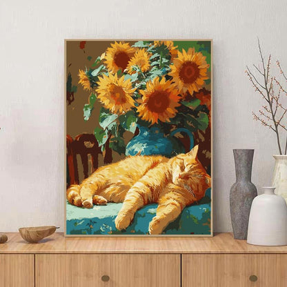 ZRIZQ Paint by Numbers Kit for Adults Beginner,Cat Sleeping Sunflower,12x16 | Full set with wooden brushes,rolled canvas,rich paints.Calming activity.Beginner friendly.Just open and paint. - color: 12"X16"Rolled Canvas(Frameless)-Sunflowers Cat
