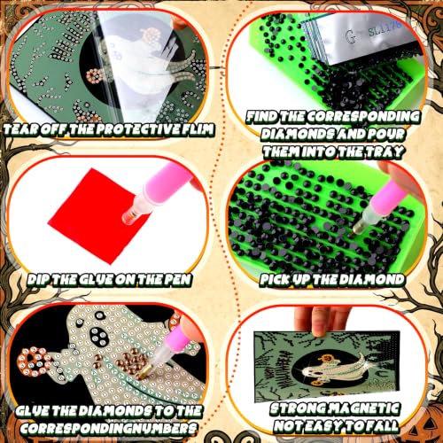Saillong 12 Pack Halloween Diamond Painting Greeting Card Kits DIY Halloween Diamond Art Cards with Envelopes Green Black Cat Skull 5D Rhinestones Painting Kit for Adults DIY Craft Family Friend Gifts - color: Retro Halloween