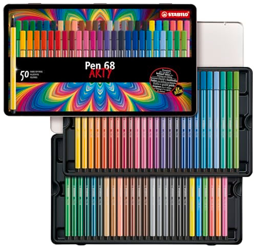 STABILO - Pen 68 - Premium Fibre-Tip Pen - ARTY - Tin of 50 - Assorted colors - size: 68 Count (Pack of 1)