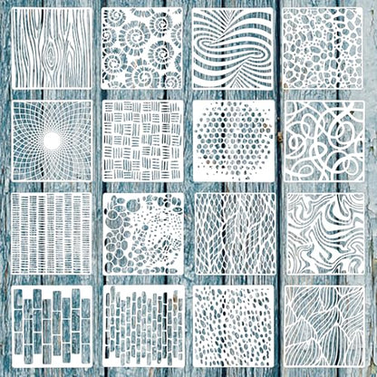 16Pcs Stencils for Painting on Wood, 6"x6" Stencils for Crafts Reusable, Textured Art Supplies for Burlap Art, Canvas, Brick, Mixed Media Projects - size: 2.0