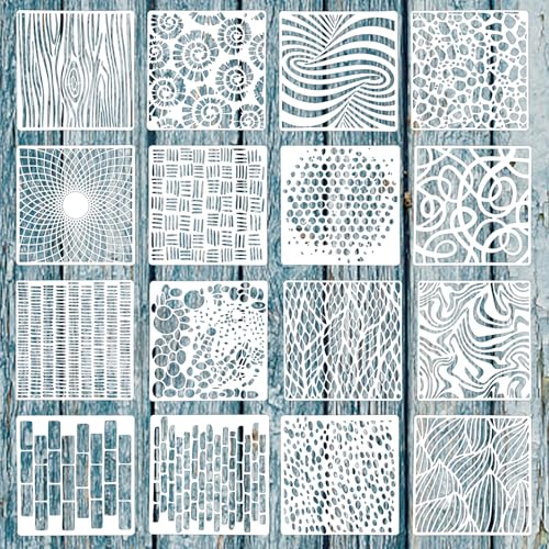 16Pcs Stencils for Painting on Wood, 6"x6" Stencils for Crafts Reusable, Textured Art Supplies for Burlap Art, Canvas, Brick, Mixed Media Projects - size: 2.0